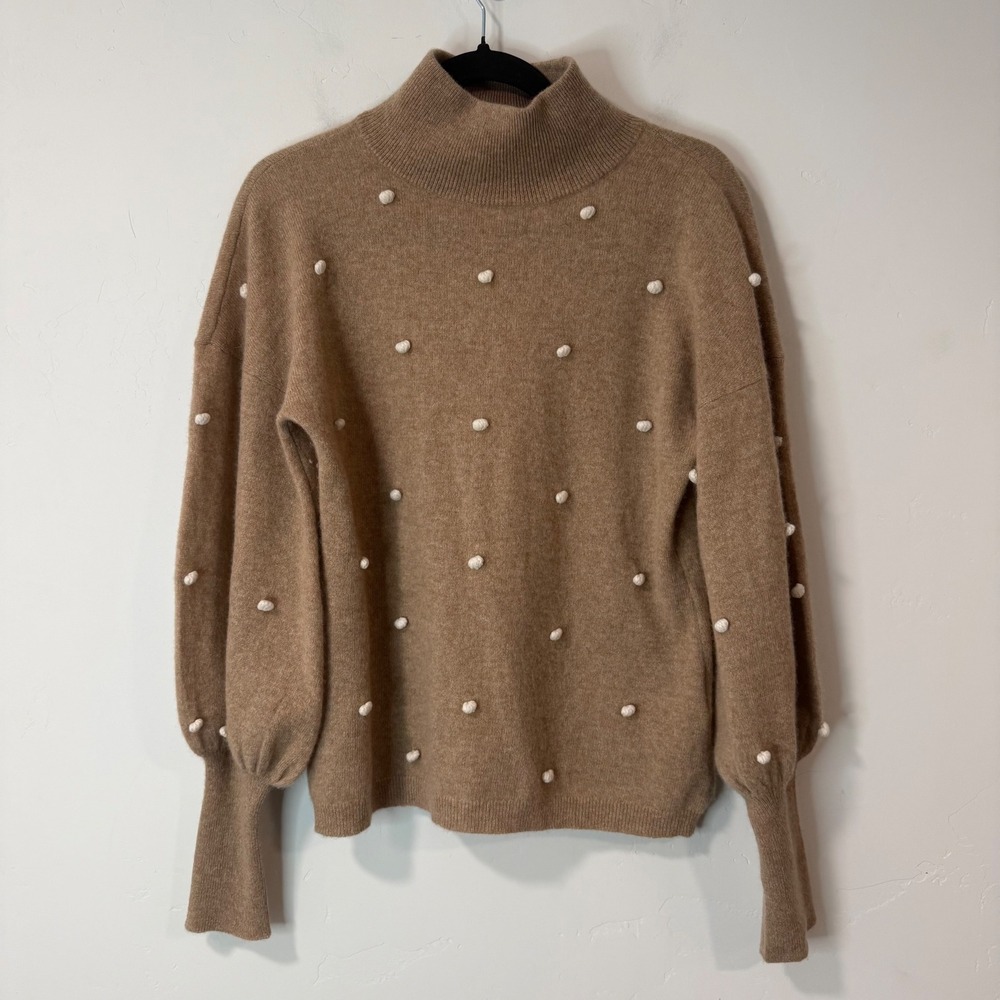 Charter Club Womens Cashmere Sweater S Tan Pom Pom Mock Neck Puff Sleeve